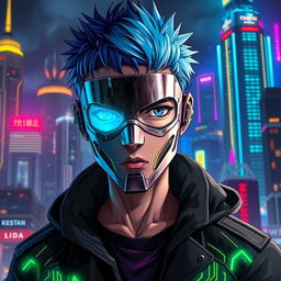 A realistic cyberpunk anime boy wearing a detailed metal mask that reflects neon lights, his expression serious as he looks straight ahead