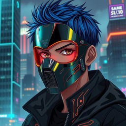 A realistic cyberpunk anime boy wearing a detailed metal mask that reflects neon lights, his expression serious as he looks straight ahead