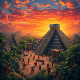 An intricate scene depicting various aspects of Maya civilization, showcasing a bustling city center adorned with grand stone temples and pyramids under a vibrant sunset