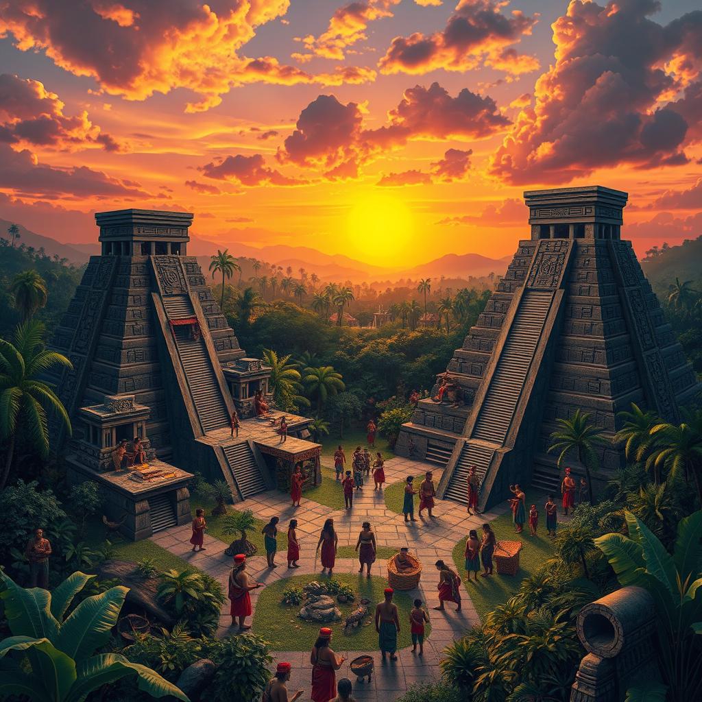 An intricate scene depicting various aspects of Maya civilization, showcasing a bustling city center adorned with grand stone temples and pyramids under a vibrant sunset