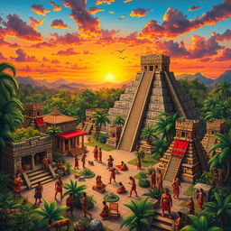 An intricate scene depicting various aspects of Maya civilization, showcasing a bustling city center adorned with grand stone temples and pyramids under a vibrant sunset