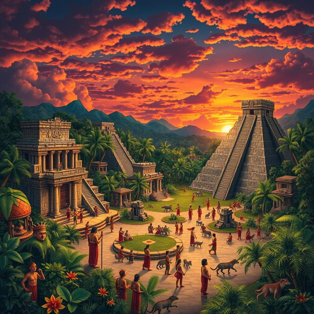 An intricate scene depicting various aspects of Maya civilization, showcasing a bustling city center adorned with grand stone temples and pyramids under a vibrant sunset