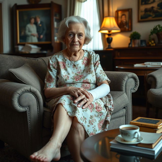 An elderly fine lady with graceful features, sitting comfortably in a cozy living room