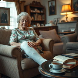 An elderly fine lady with graceful features, sitting comfortably in a cozy living room