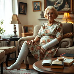An elderly fine lady with graceful features, sitting comfortably in a cozy living room