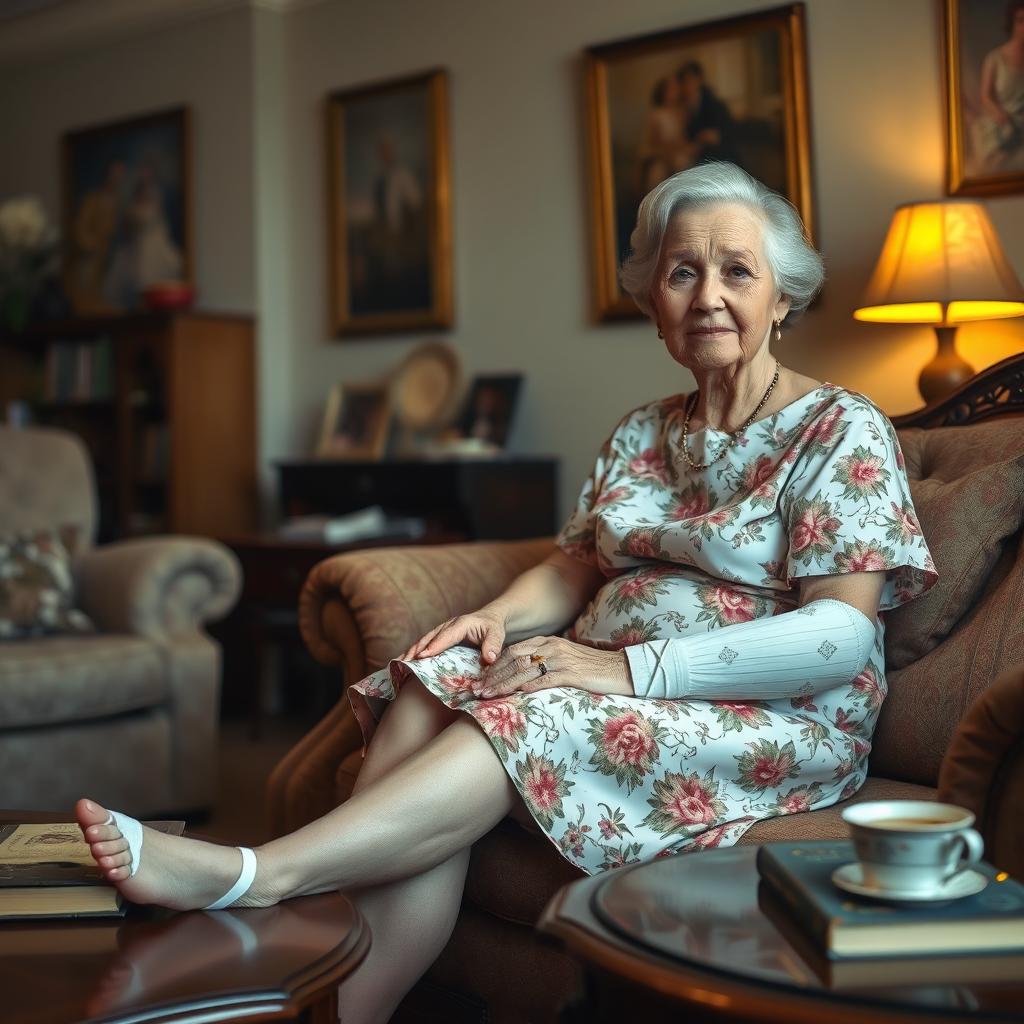 An elderly fine lady with graceful features, sitting comfortably in a cozy living room