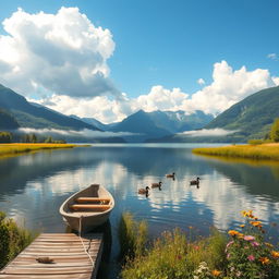 A serene and picturesque landscape featuring a tranquil lake surrounded by lush greenery and wildflowers