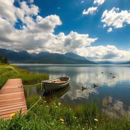 A serene and picturesque landscape featuring a tranquil lake surrounded by lush greenery and wildflowers