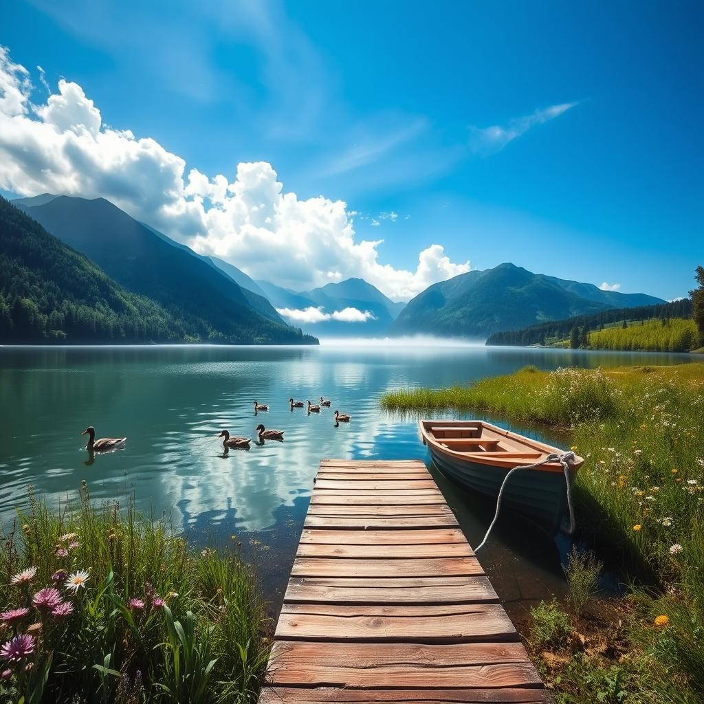 A serene and picturesque landscape featuring a tranquil lake surrounded by lush greenery and wildflowers