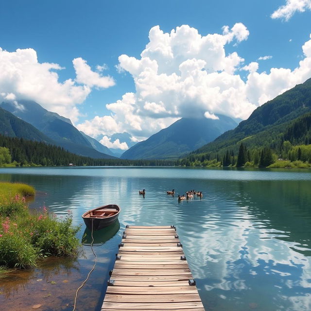 A serene and picturesque landscape featuring a tranquil lake surrounded by lush greenery and wildflowers