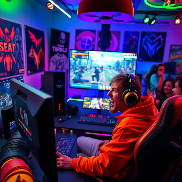 A dynamic, high-energy scene featuring a charismatic gaming streamer, showcasing vibrant colors and an engaging atmosphere