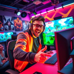 A dynamic, high-energy scene featuring a charismatic gaming streamer, showcasing vibrant colors and an engaging atmosphere