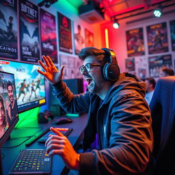 A dynamic, high-energy scene featuring a charismatic gaming streamer, showcasing vibrant colors and an engaging atmosphere