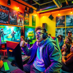 A dynamic, high-energy scene featuring a charismatic gaming streamer, showcasing vibrant colors and an engaging atmosphere