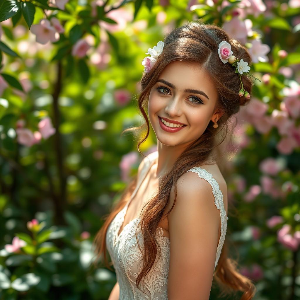 A stunning portrait of a young woman with long, flowing hair adorned with delicate flowers in an elegant updo