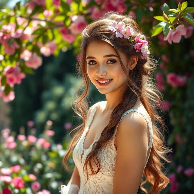 A stunning portrait of a young woman with long, flowing hair adorned with delicate flowers in an elegant updo