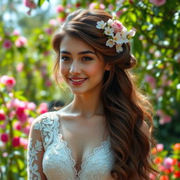 A stunning portrait of a young woman with long, flowing hair adorned with delicate flowers in an elegant updo
