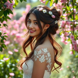 A stunning portrait of a young woman with long, flowing hair adorned with delicate flowers in an elegant updo