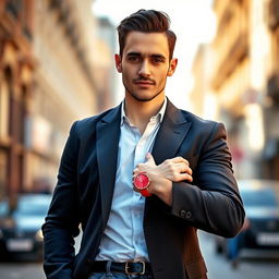 A stylish man in his 30s wearing a smart casual outfit, complete with a tailored blazer and fitted jeans