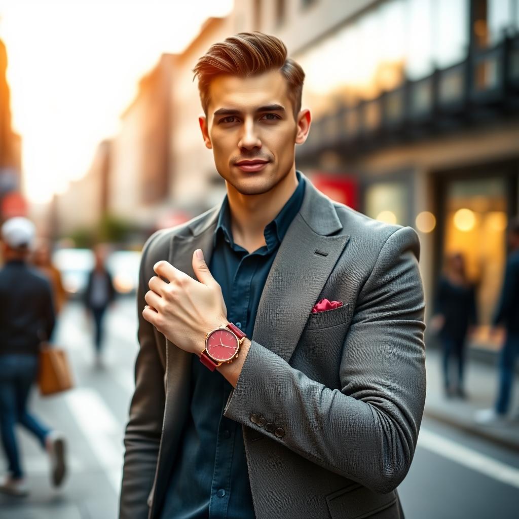 A stylish man in his 30s wearing a smart casual outfit, complete with a tailored blazer and fitted jeans