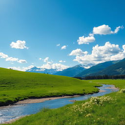 A serene landscape featuring a lush green meadow under a bright blue sky, dotted with fluffy white clouds