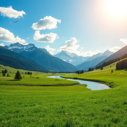 A serene landscape featuring a lush green meadow under a bright blue sky, dotted with fluffy white clouds