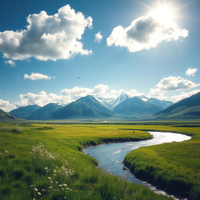 A serene landscape featuring a lush green meadow under a bright blue sky, dotted with fluffy white clouds