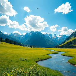 A serene landscape featuring a lush green meadow under a bright blue sky, dotted with fluffy white clouds