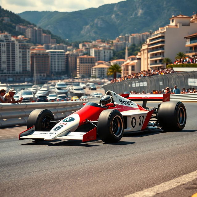 A stunning scene depicting a skilled driver maneuvering a McLaren MP4-26 Formula 1 car through the tight corners of the iconic Monaco Grand Prix circuit