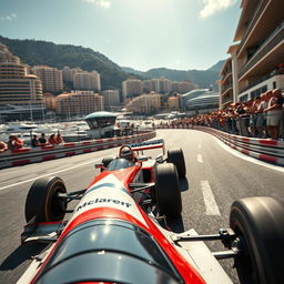 A stunning scene depicting a skilled driver maneuvering a McLaren MP4-26 Formula 1 car through the tight corners of the iconic Monaco Grand Prix circuit
