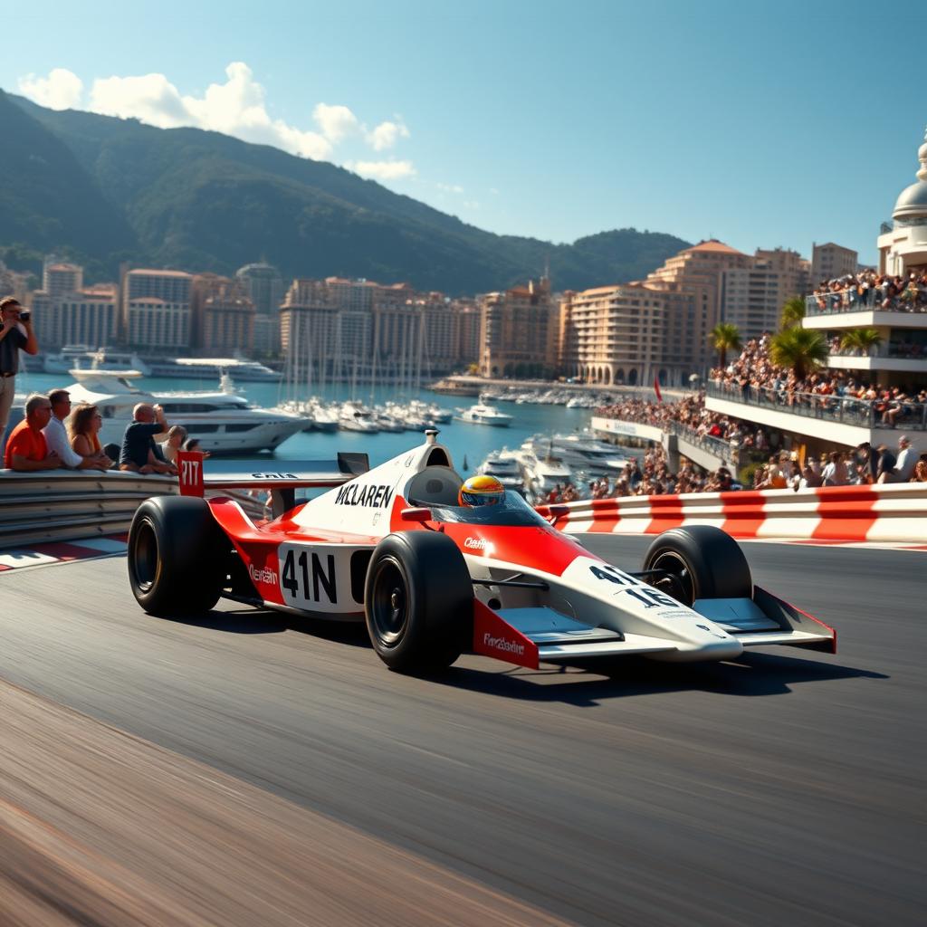 A stunning scene depicting a skilled driver maneuvering a McLaren MP4-26 Formula 1 car through the tight corners of the iconic Monaco Grand Prix circuit