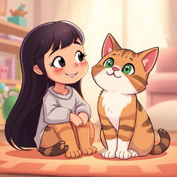 A cute cartoon-style illustration of a cat named Tuni, sitting next to a girl named Riya