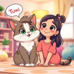 A cute cartoon-style illustration of a cat named Tuni, sitting next to a girl named Riya
