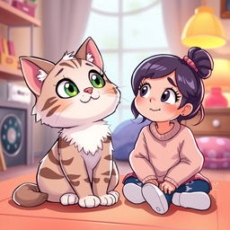 A cute cartoon-style illustration of a cat named Tuni, sitting next to a girl named Riya