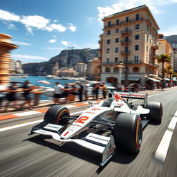 A dynamic and thrilling scene of a Formula 1 car with a sleek white body and vibrant red sponsorship logos, speeding through the iconic streets of Monaco