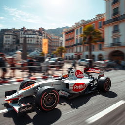 A dynamic and thrilling scene of a Formula 1 car with a sleek white body and vibrant red sponsorship logos, speeding through the iconic streets of Monaco