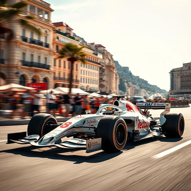 A dynamic and thrilling scene of a Formula 1 car with a sleek white body and vibrant red sponsorship logos, speeding through the iconic streets of Monaco