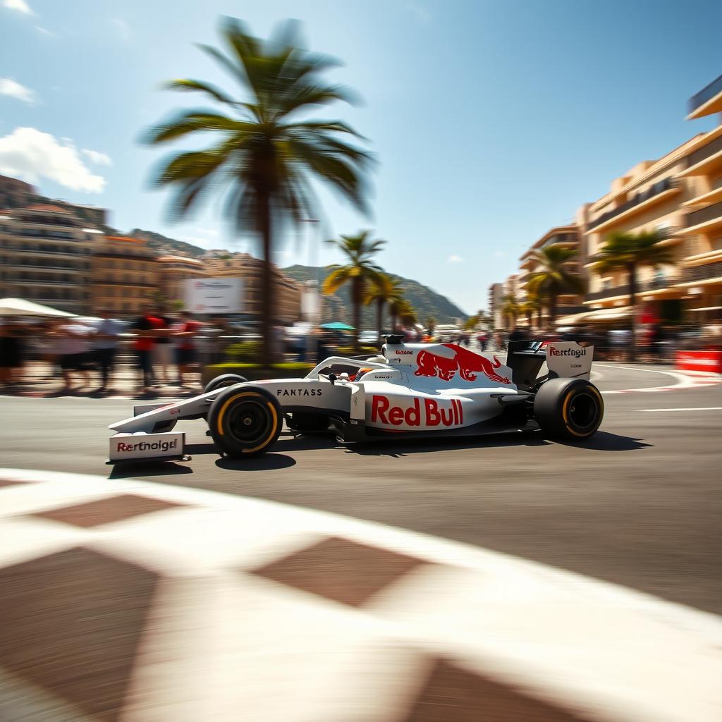 A dynamic and thrilling scene of a Formula 1 car with a sleek white body and vibrant red sponsorship logos, speeding through the iconic streets of Monaco