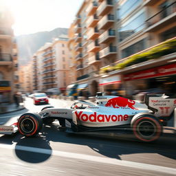 A thrilling scene capturing a high-speed Formula 1 race car with a sleek white body, adorned with vibrant red sponsors featuring the name "Yodavone" prominently displayed