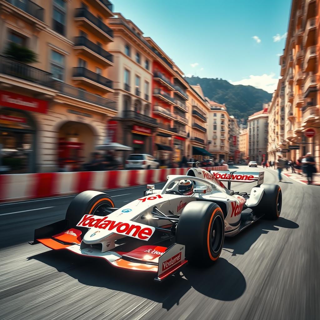 A thrilling scene capturing a high-speed Formula 1 race car with a sleek white body, adorned with vibrant red sponsors featuring the name "Yodavone" prominently displayed