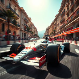 A thrilling scene capturing a high-speed Formula 1 race car with a sleek white body, adorned with vibrant red sponsors featuring the name "Yodavone" prominently displayed