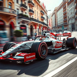 A thrilling scene capturing a high-speed Formula 1 race car with a sleek white body, adorned with vibrant red sponsors featuring the name "Yodavone" prominently displayed