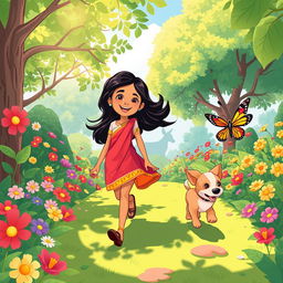 Riya and Tuni walking side by side through a vibrant garden filled with colorful flowers and lush green trees