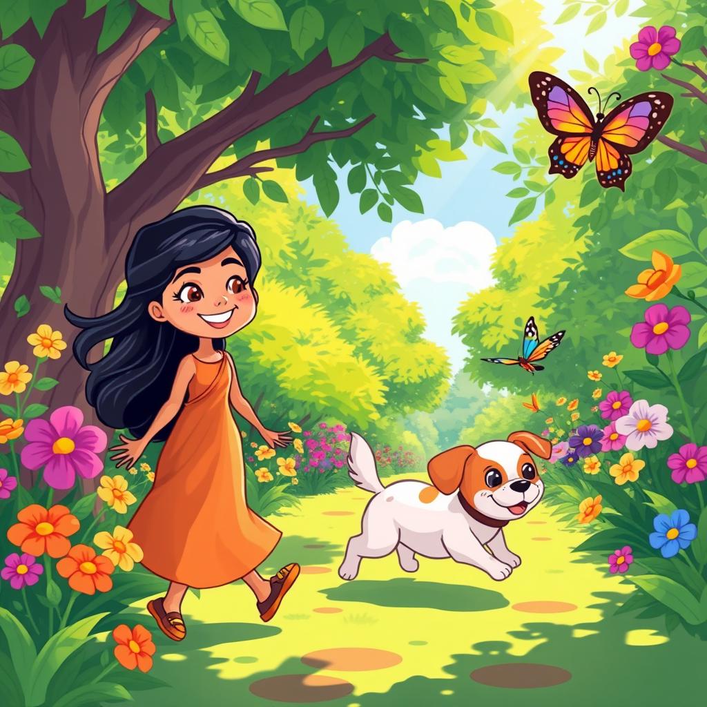 Riya and Tuni walking side by side through a vibrant garden filled with colorful flowers and lush green trees
