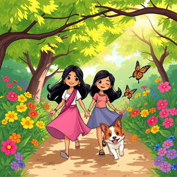 Riya and Tuni walking side by side through a vibrant garden filled with colorful flowers and lush green trees