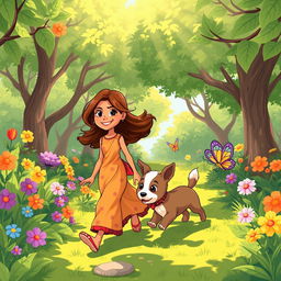 Riya and Tuni walking side by side through a vibrant garden filled with colorful flowers and lush green trees