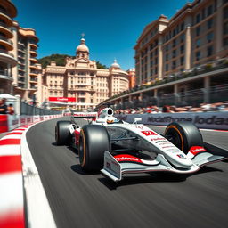 A dynamic scene of a Formula 1 car speeding through the Monaco Grand Prix circuit