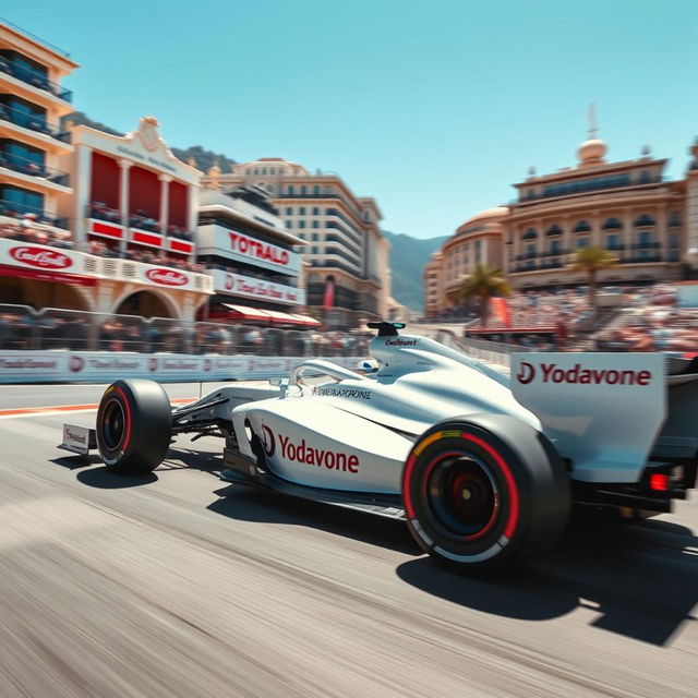 A dynamic scene of a Formula 1 car speeding through the Monaco Grand Prix circuit