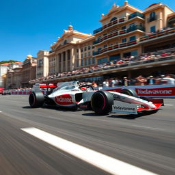 A dynamic scene of a Formula 1 car speeding through the Monaco Grand Prix circuit