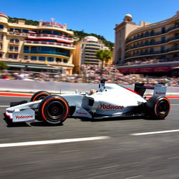 A dynamic scene of a Formula 1 car speeding through the Monaco Grand Prix circuit